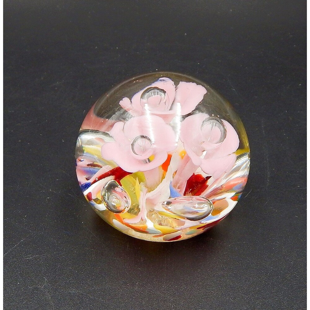 St Claire Art Glass Pink Trumpet Flower Paperweight Controlled Bubble Signed SIC